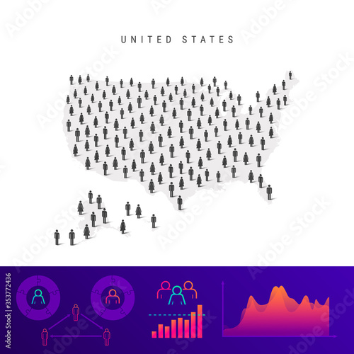 American people map. Detailed vector silhouette. Mixed crowd of men and women. Population infographic elements