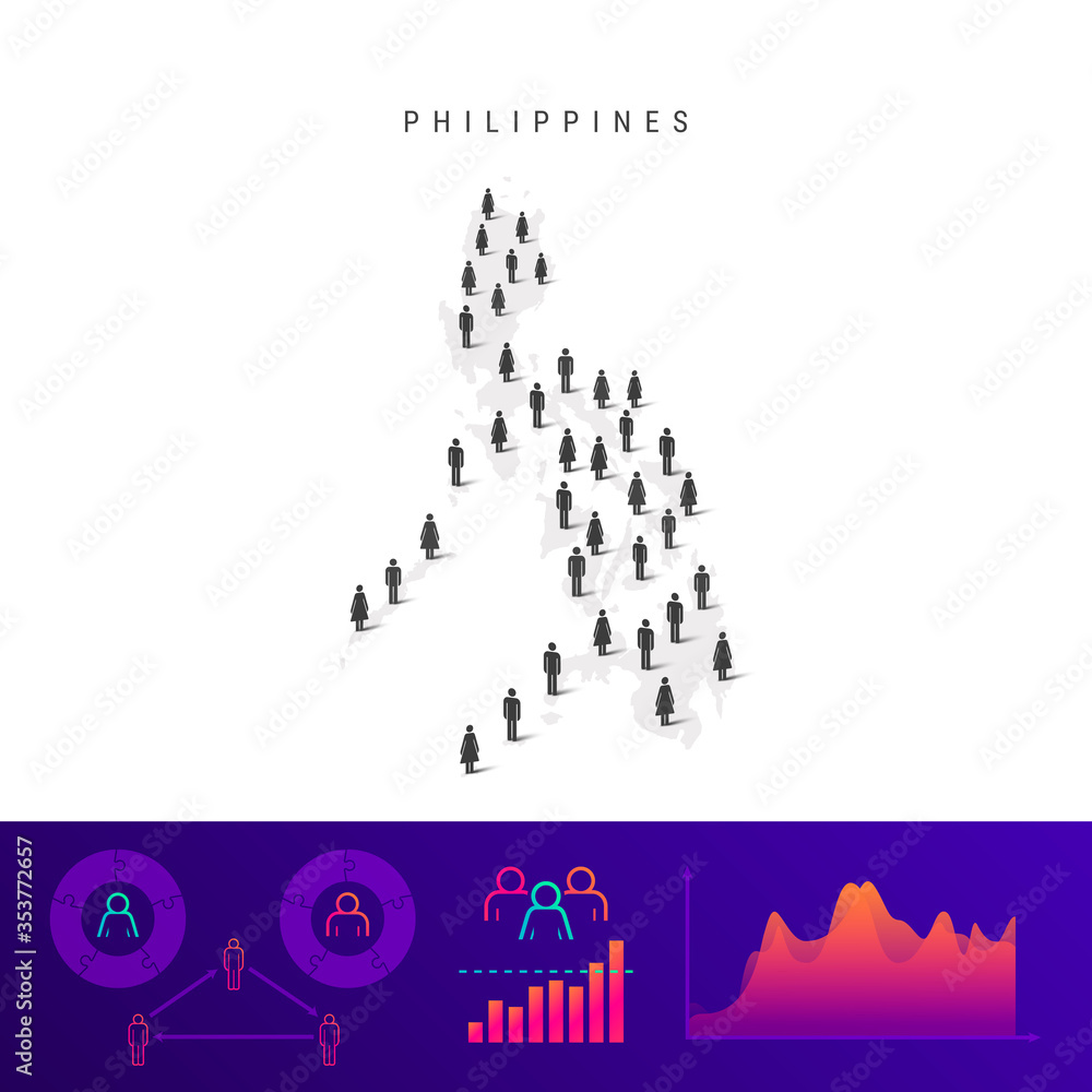 Philippine people icon map. Detailed vector silhouette. Mixed crowd of men and women. Population infographics