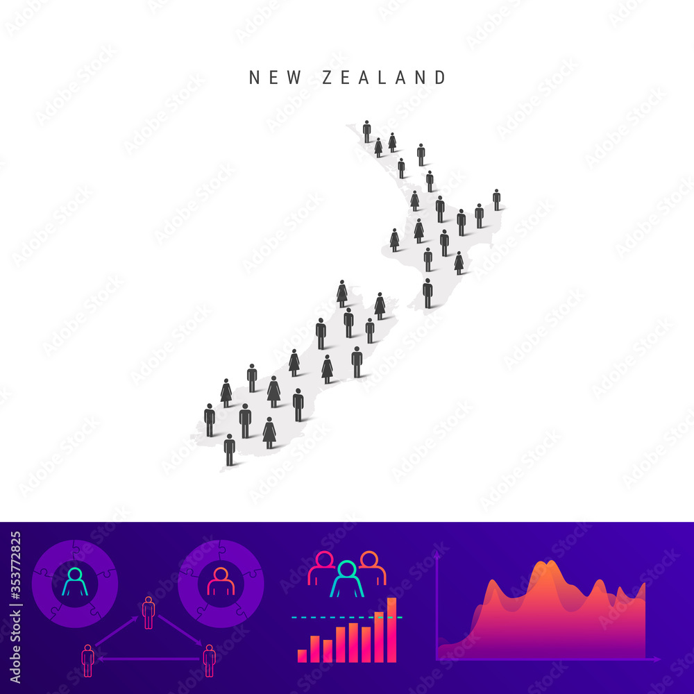 New Zealand people icon map. Detailed vector silhouette. Mixed crowd of men and women. Population infographics