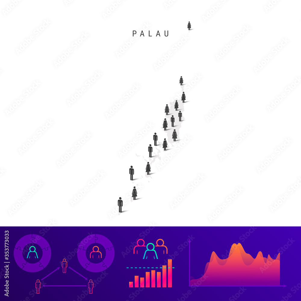 Palau people icon map. Detailed vector silhouette. Mixed crowd of men and women. Population infographics