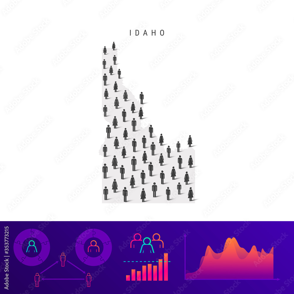 Idaho people map. Detailed vector silhouette. Mixed crowd of men and women. Population infographic elements