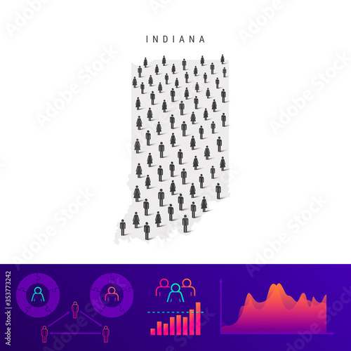 Indiana people map. Detailed vector silhouette. Mixed crowd of men and women. Population infographic elements