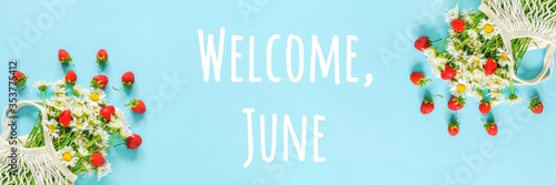 Welcome June text. Bouquet of white chamomile in reusable shopping eco mesh bag and splash red strawberries on blue background. Concept Hello summer. Banner Top view