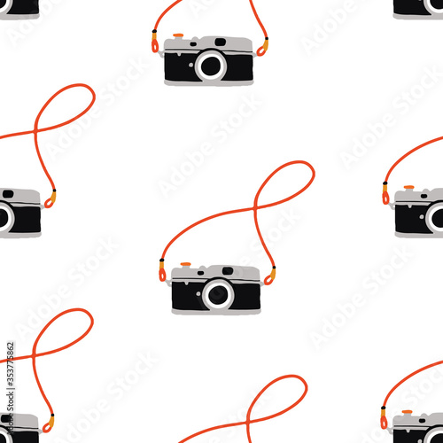 Seamless hand drawn vintage camera on white background. Seamless repeat vector pattern