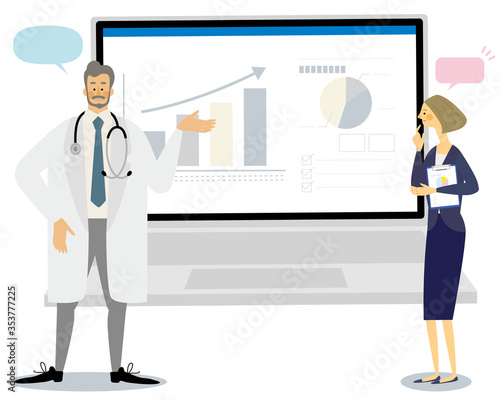 web meeting,オンライン会議,セミナー,グラフ,医者,白衣,イラスト,パソコン
