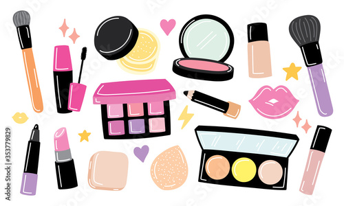 Cute cosmetics vector set in doodle style..