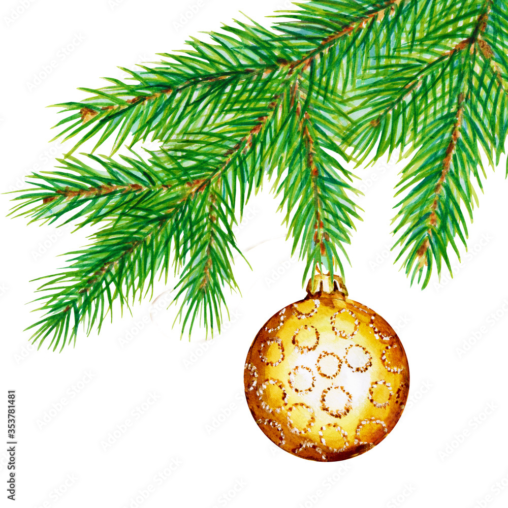 golden christmas ball on spruce branch watercolor on a white background