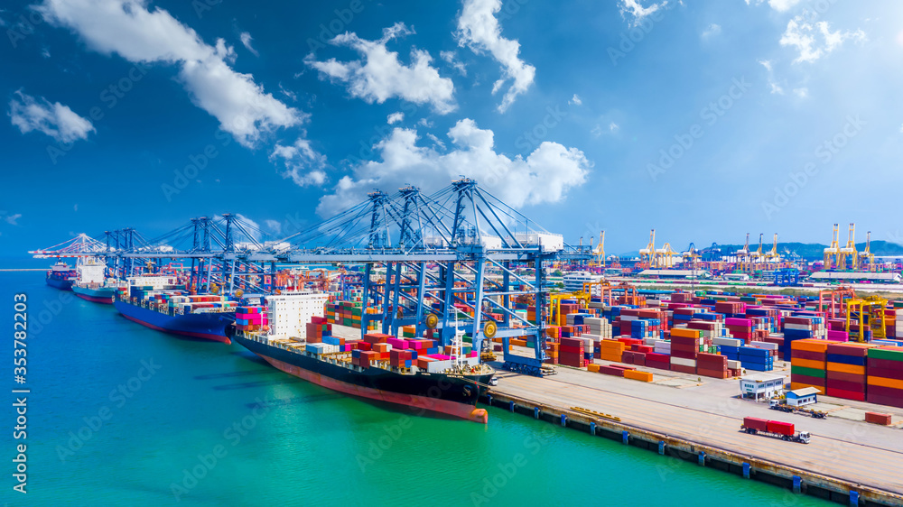 Global transport cargo and logistic business import and export, Container ship in seaport terminal, Container cargo vessel freight shipping company commercial worldwide, Freight transportation ship.