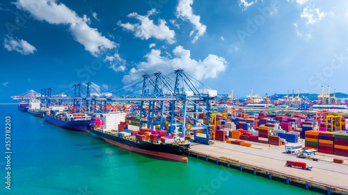 Photography Global transport cargo and logistic business import and export, Container ship in seaport terminal, Container cargo vessel freight shipping company commercial worldwide, Freight transportation ship