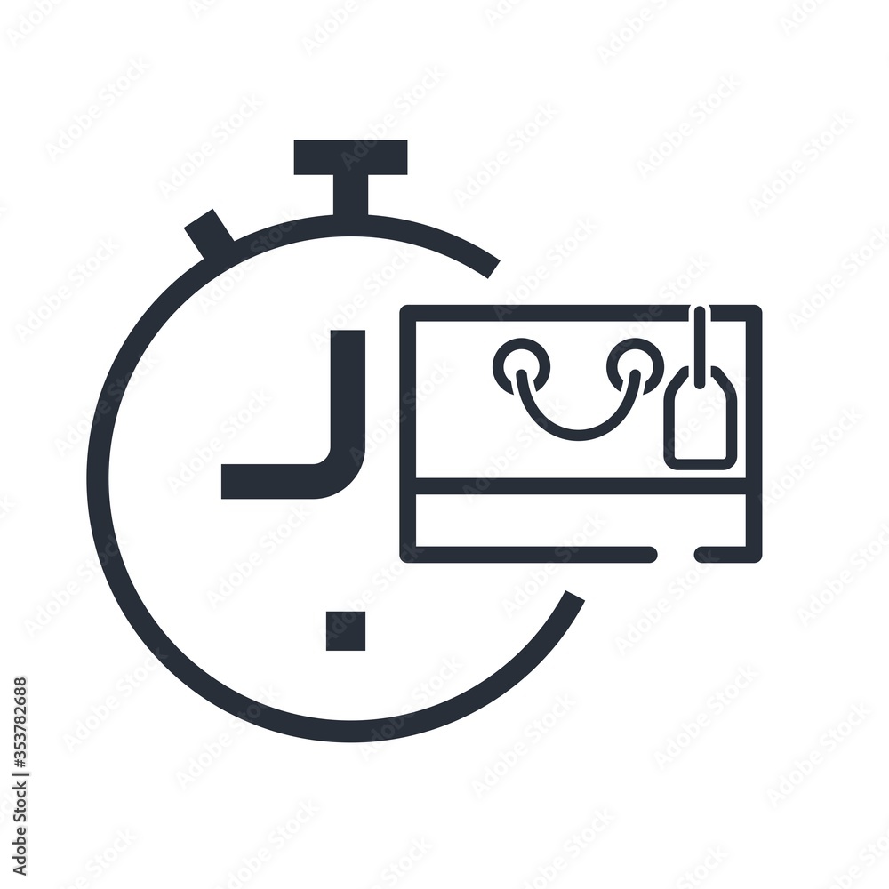 Purchase and clock. Online order processing. Vector icon isolated on white background. Purchase and clock. Online order processing. Vector icon isolated on white background.