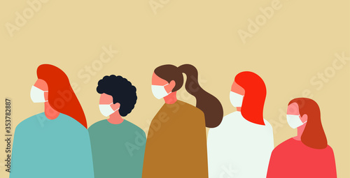 Group of people wearing white medical masks to prevent disease, flu, air pollution, contaminated air, world pollution. Vector illustration in a flat style