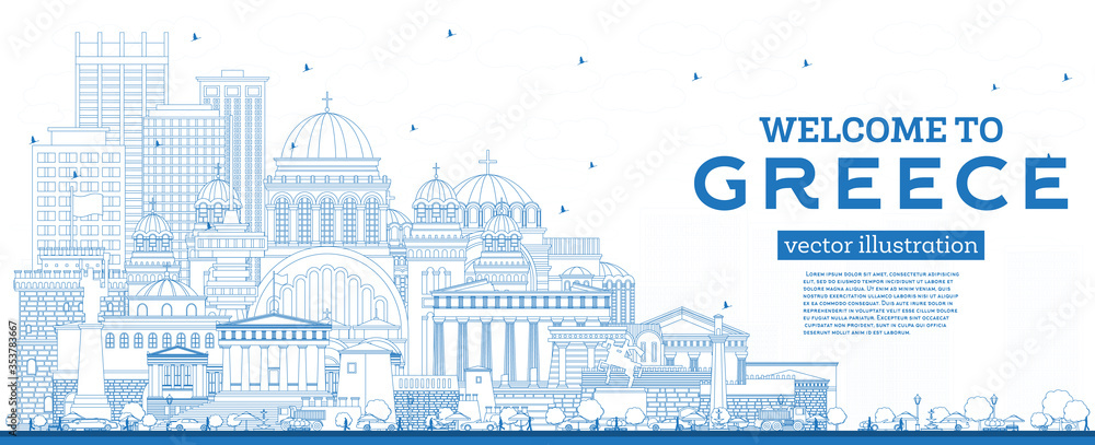 Outline Welcome to Greece City Skyline with Blue Buildings. Vector Illustration.