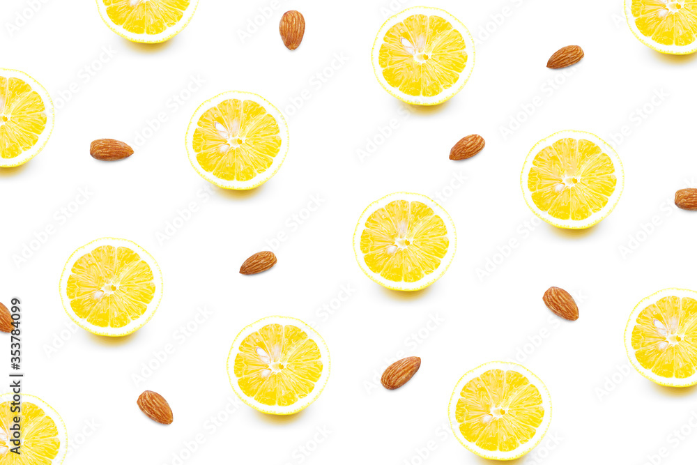  lemons refreshing and Almonds on a white background