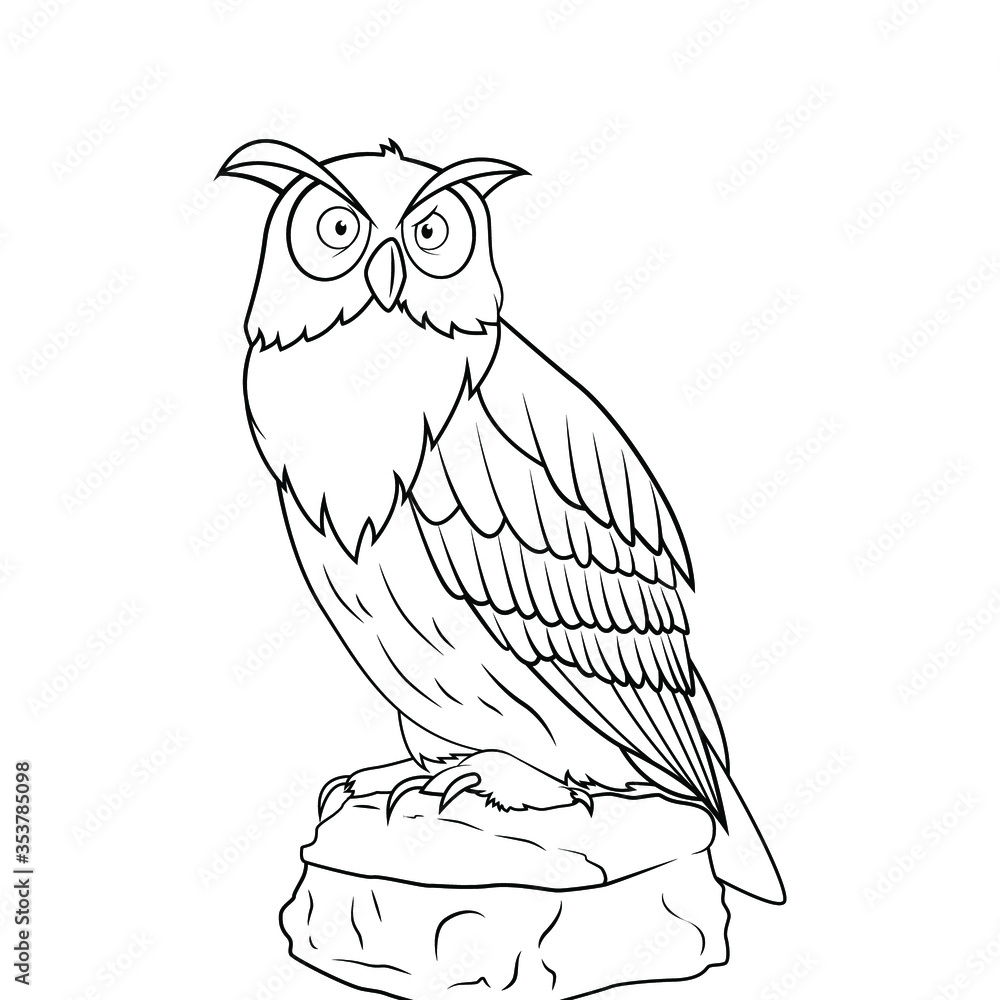 Obraz premium illustration of Cartoon owl sitting on the stone - Coloring book