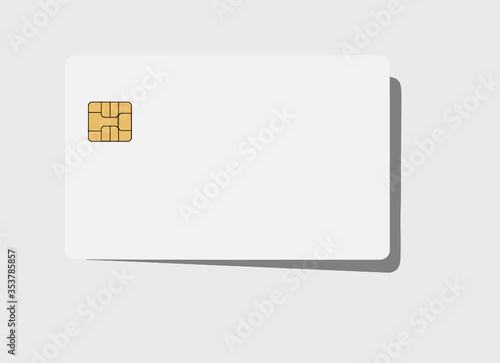 Here is a blank white credit or debit card with a golden EMV chip. Text area. Copy area.  The card casts a shadow on a light gray background.
