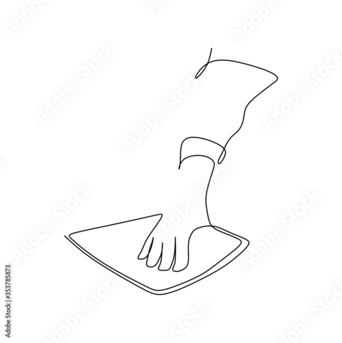 Continuous one line art vector illustration of cleaning and sanitizing the desk