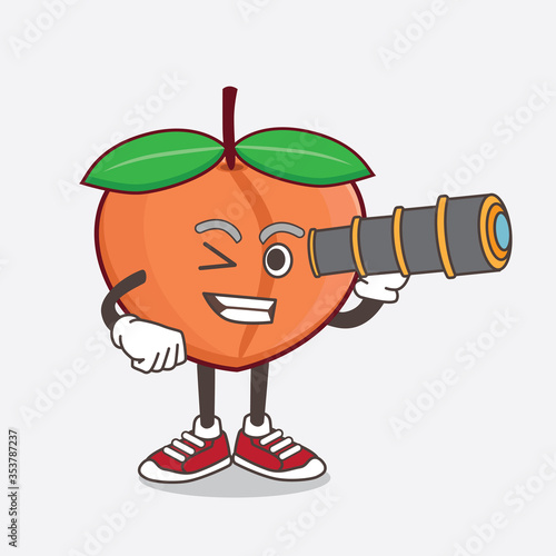 Peach Fruit cartoon mascot character using a monocular