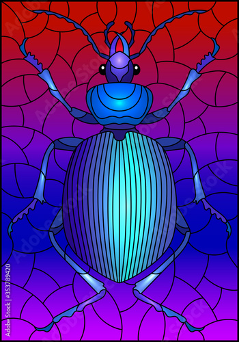 Illustration in stained glass style abstract blue beetle on a bright background, the rectangle image