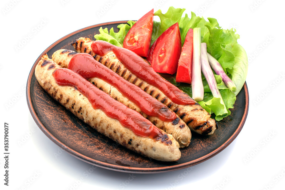 grilled fried sausages with salad on a plate isolate on white grilled fried sausages with salad on a plate isolate on white
