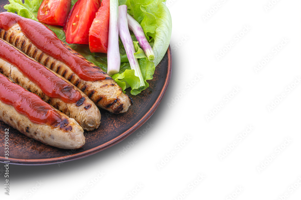 grilled fried sausages with salad on a plate isolate on white grilled fried sausages with salad on a plate isolate on white