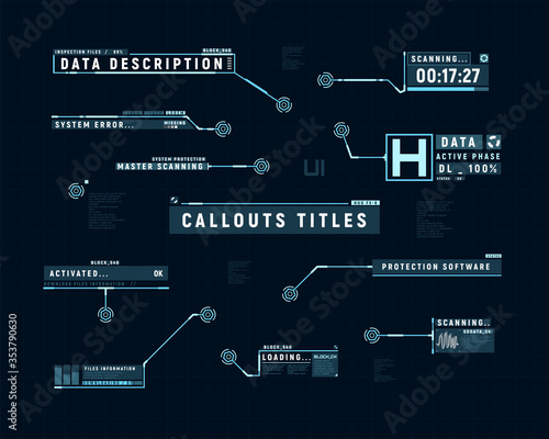 Futuristic callouts. Hud set of callout bar labels. Information callouts of lower third. Digital info boxes layout templates. Elements of hud interface. Vector illustration.
