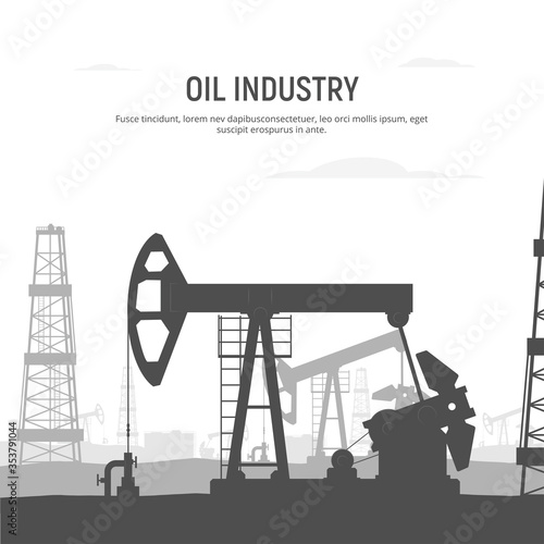 Oil drilling rig banner. Oilfield background. Industrial landscape with oil rig and tanks and pump jack. Black and white illustration for infographics, poster, brochure, flyer. Vector Illustration.