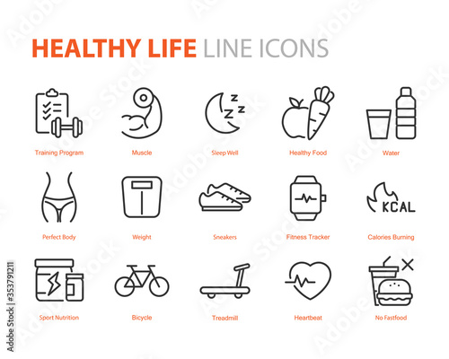 set of healthy life icons, workout, sleep, diet