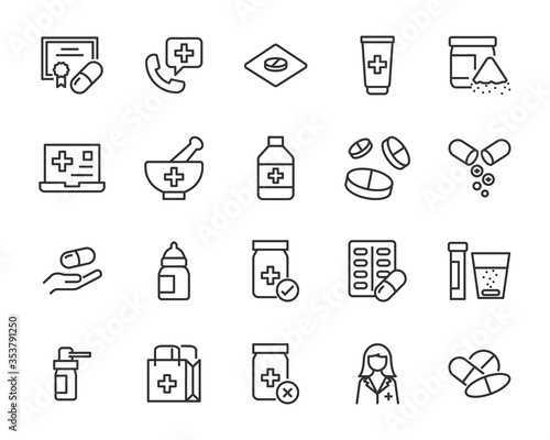 set of medicine icons, medical, pharmacy, drug store