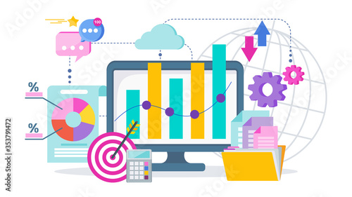 Digital marketing concept banner. Computer and documents.