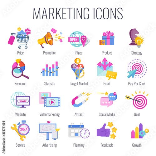 Marketing icons. Marketing mix infographic. Strategy and management.