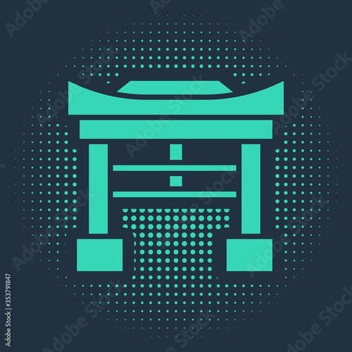 Green Japan Gate icon isolated on blue background. Torii gate sign. Japanese traditional classic gate symbol. Abstract circle random dots. Vector Illustration.