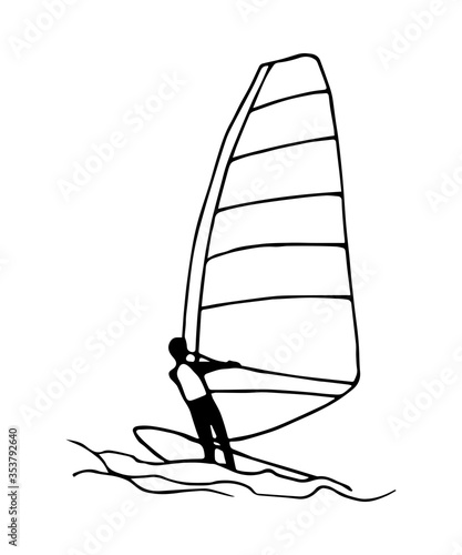 Simple vector sketch in black outline. Windsurfer on the waves, extreme water sport, windsurfing, athlete. Sail, sea, lake. Ink drawing for print, logo, label.