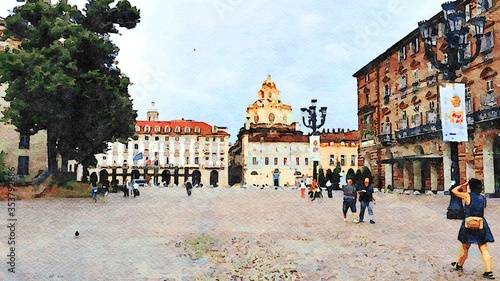 Photos Watercolorstyle representing one of the squares of Turin in Italy