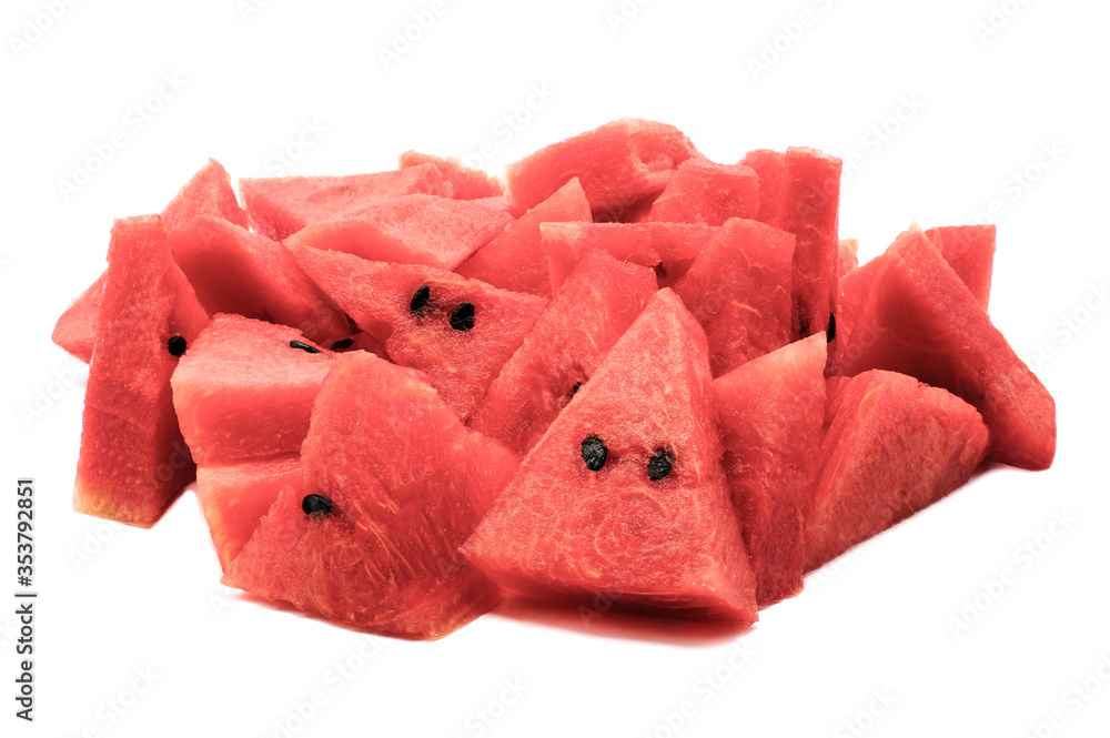Close up of sliced watermelon and seeds. Pieces of refreshing watermelon isolated on a white background. Close up of sliced watermelon and seeds. Pieces of refreshing watermelon isolated on a white background.