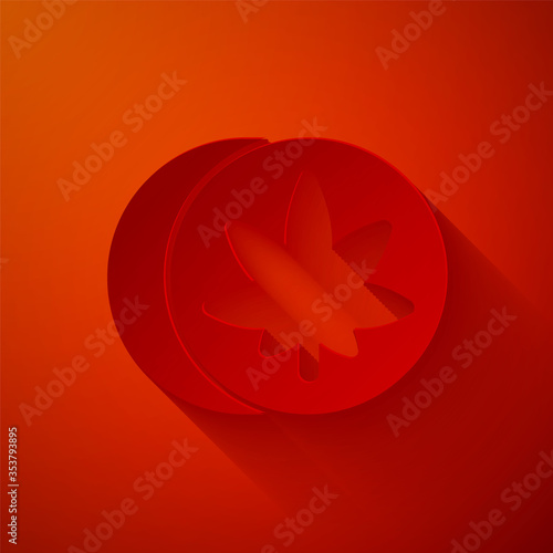 Paper cut Herbal ecstasy tablets icon isolated on red background. Paper art style. Vector Illustration.