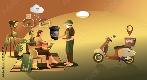 Online Shopping Concept, on Website or Mobile phone Application, Digital marketing. stay at home and using smartphones, food delivery. hot coffee, Vector for Design illustration 24-hours shopping