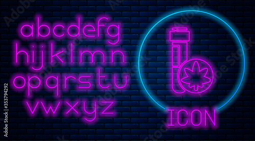 Glowing neon Chemical test tube with marijuana or cannabis leaf icon isolated on brick wall background. Research concept. Laboratory CBD oil. Neon light alphabet. Vector Illustration.