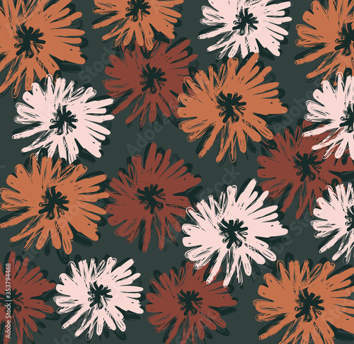 Seamless repeating pattern with painted flower blossoms in pastel red, pink and orange on green background. Perfect for creating fabrics, greeting cards, wrapping paper, packaging.