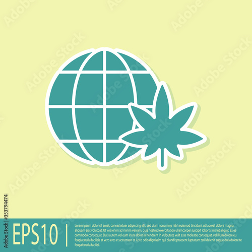 Green Legalize marijuana or cannabis globe symbol icon isolated on yellow background. Hemp symbol. Vector Illustration.