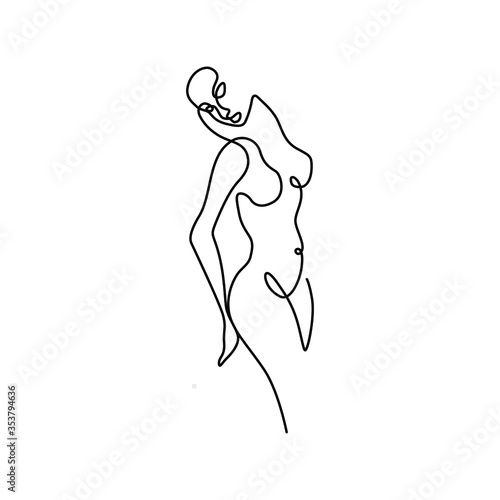 Nude woman abstract silhouette, continuous line drawing, small tattoo, print for clothes and logo design, emblem or logo design, isolated vector illustration.