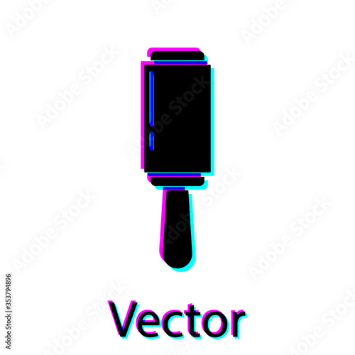 Black Adhesive roller for cleaning clothes icon isolated on white background. Getting rid of debris, dust, hair, fluff, pet wool. Vector Illustration.