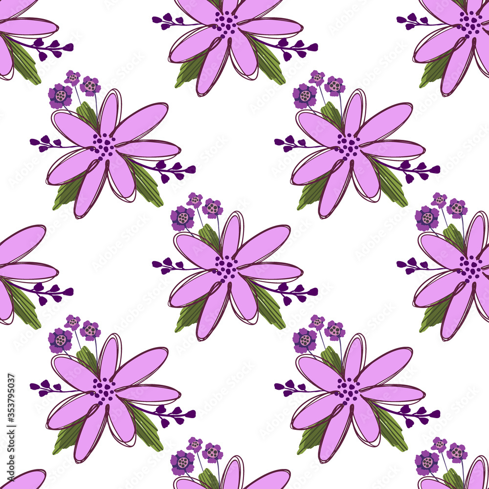 Obraz premium Simple cute floral bouquet vector pattern with small and medium flowers and leaves.