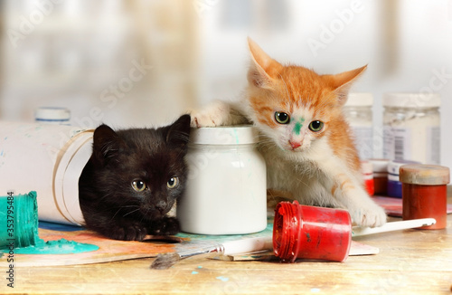 Fényképezés Two mischievous kittens played pranks on the artist's table