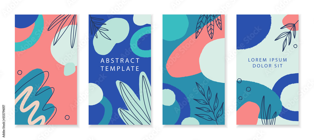 A set of three stories templates with abstract shapes in green, blue and pink colors. Media post for social networks. Universal templates for invitation. Greeting cards, flyers, design, cover.