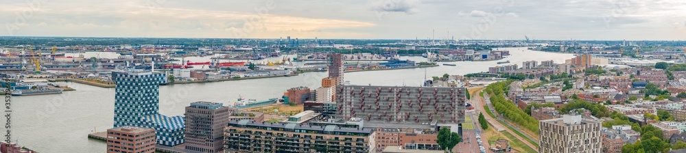 Aerial panoramic view of Rotterdam, The Netherlands, Holland. Rotterdam skyline with harbor.