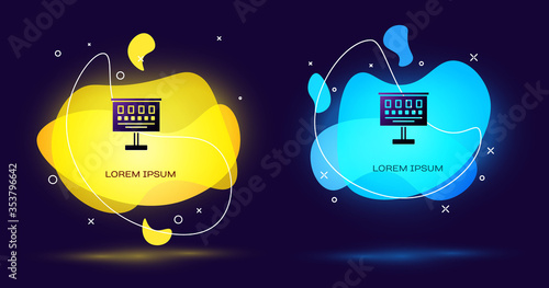 Black Eye test chart icon isolated on black background. Poster for vision testing in ophthalmic study. Snellen chart. Abstract banner with liquid shapes. Vector Illustration.