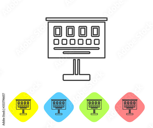 Grey line Eye test chart icon isolated on white background. Poster for vision testing in ophthalmic study. Snellen chart. Set icons in color rhombus buttons. Vector Illustration.