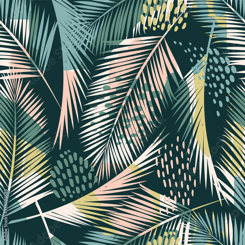 Abstract creative seamless pattern with tropical plants and artistic background.