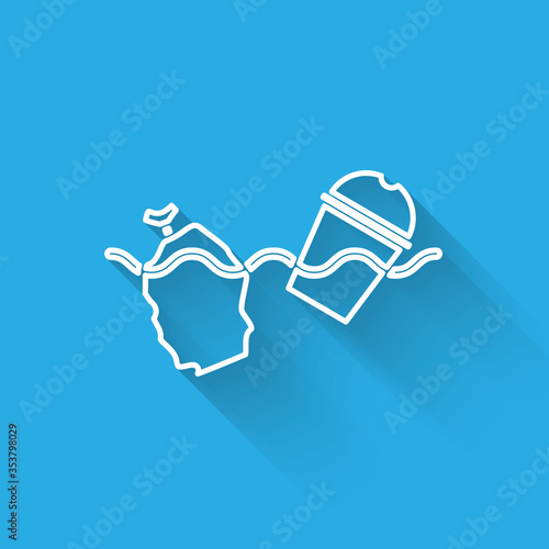 White line The problem of pollution of the ocean icon isolated with long shadow. The garbage, plastic, bags on the sea. Vector Illustration.