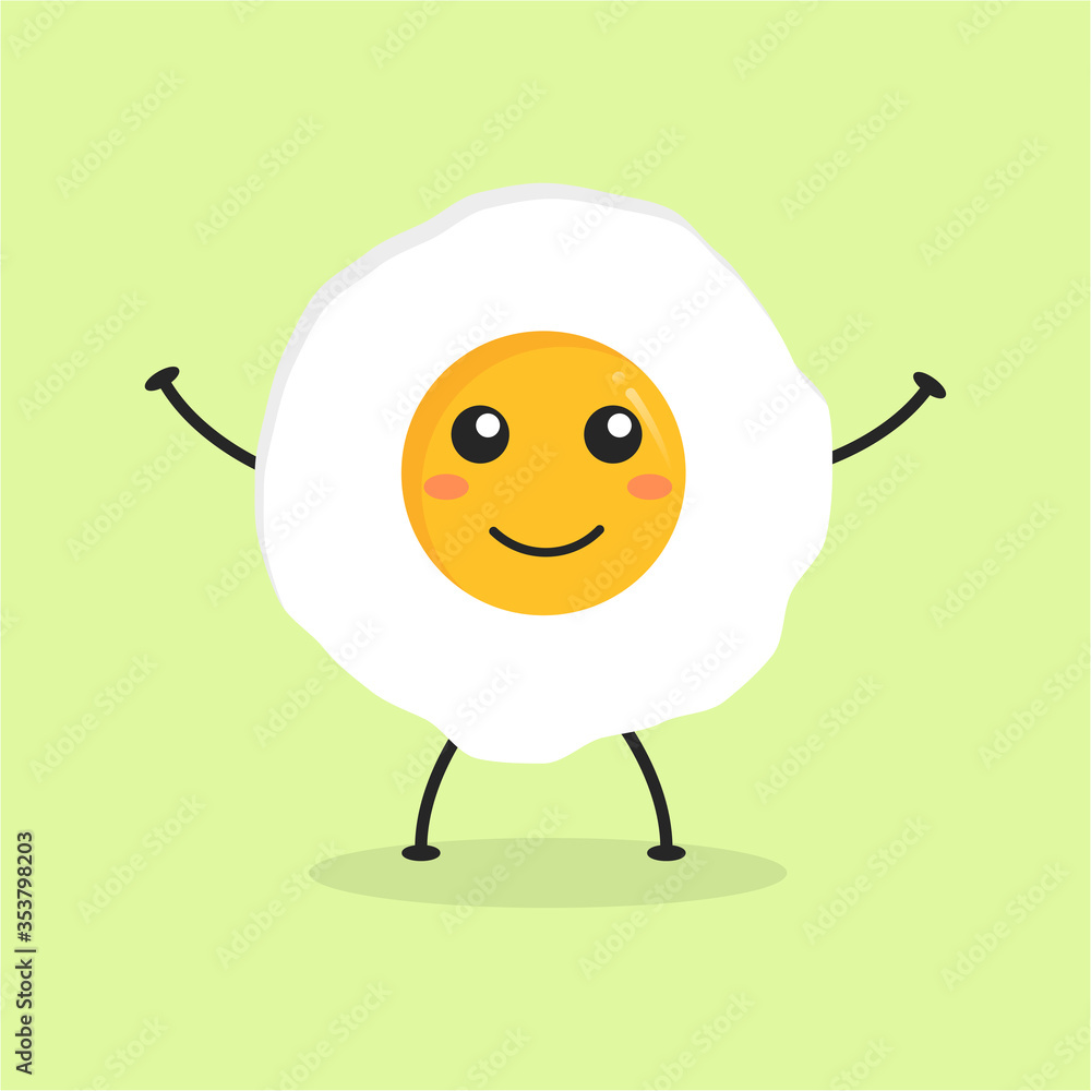 Obraz premium Cute Flat Cartoon Fried Egg Illustration. Vector illustration of cute fried egg with smilling expression. Cute egg mascot design